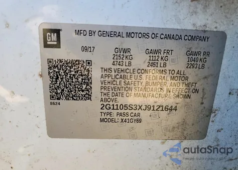 2018 Chevrolet Impala Lt z USA, uszkodzony, nr VIN 2G1105S3XJ9121644